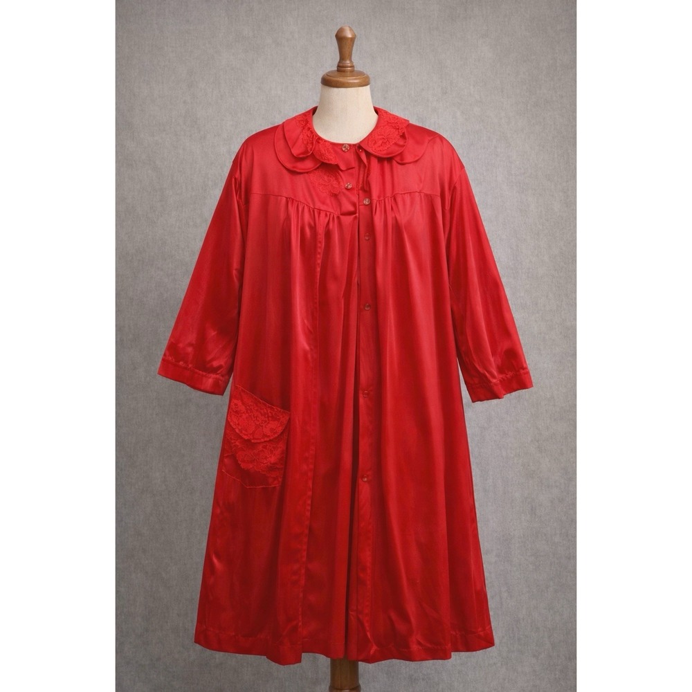 Vintage Peignoir Set Nightgown & Robe Lace Trim Cottagecore Medium Red